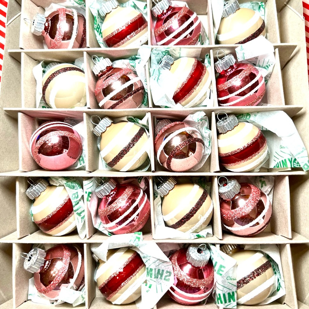 20 Christmas Radko Glass Ball Ornaments Burgundy Beige White Pink Glitter Stripe - Picture 2 of 15
